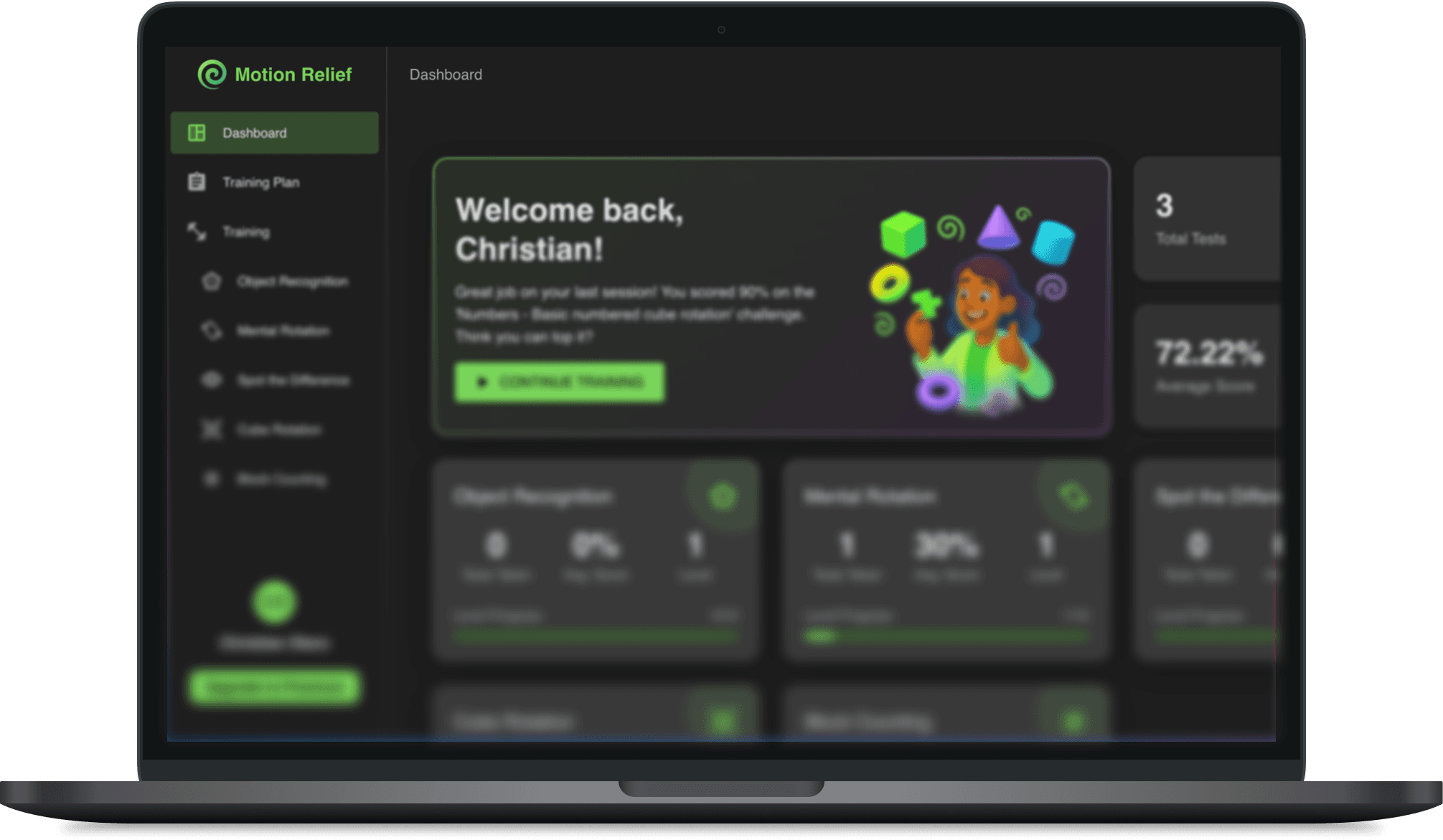 Brain training dashboard on a laptop