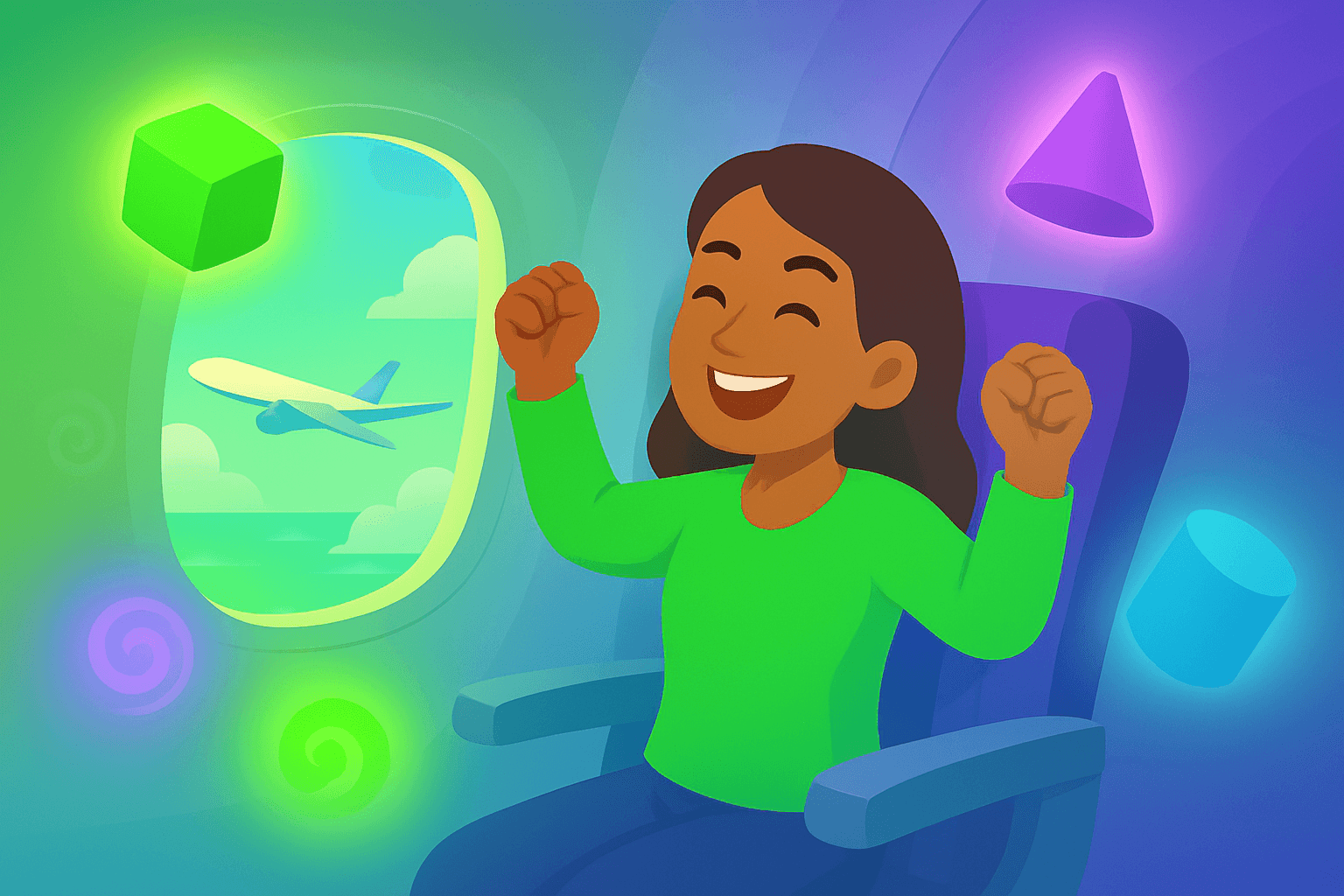 Woman feeling relaxed and confident on an airplane